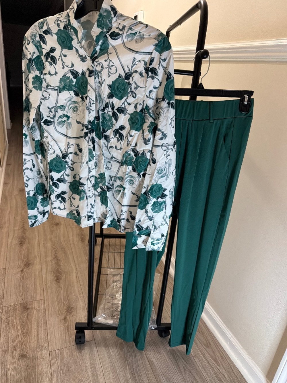 Hunter green floral pants suit
